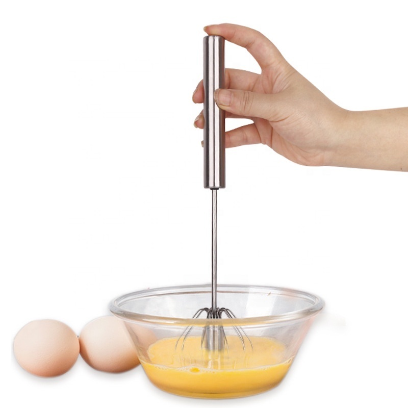 Stainless Steel Push Whisk - Manual Hand Mixer & Plunger Whisk - Make Froth, Foam & Whipped Cream - Semi Auto Egg Beater