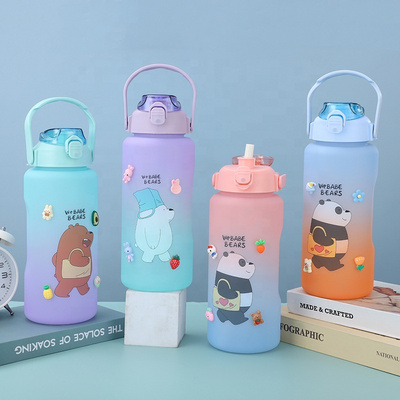 2l  Cute Water Bottle Motivational Adults Kids Drinking Water Bottles Plastic with Time Marker Straw Sticker