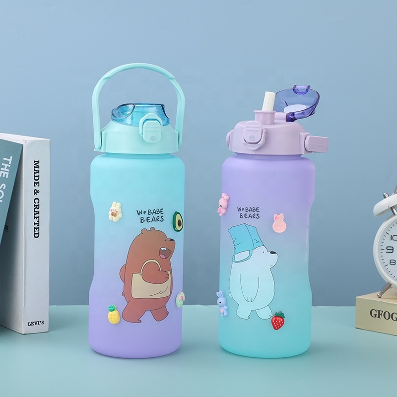 2l  Cute Water Bottle Motivational Adults Kids Drinking Water Bottles Plastic with Time Marker Straw Sticker