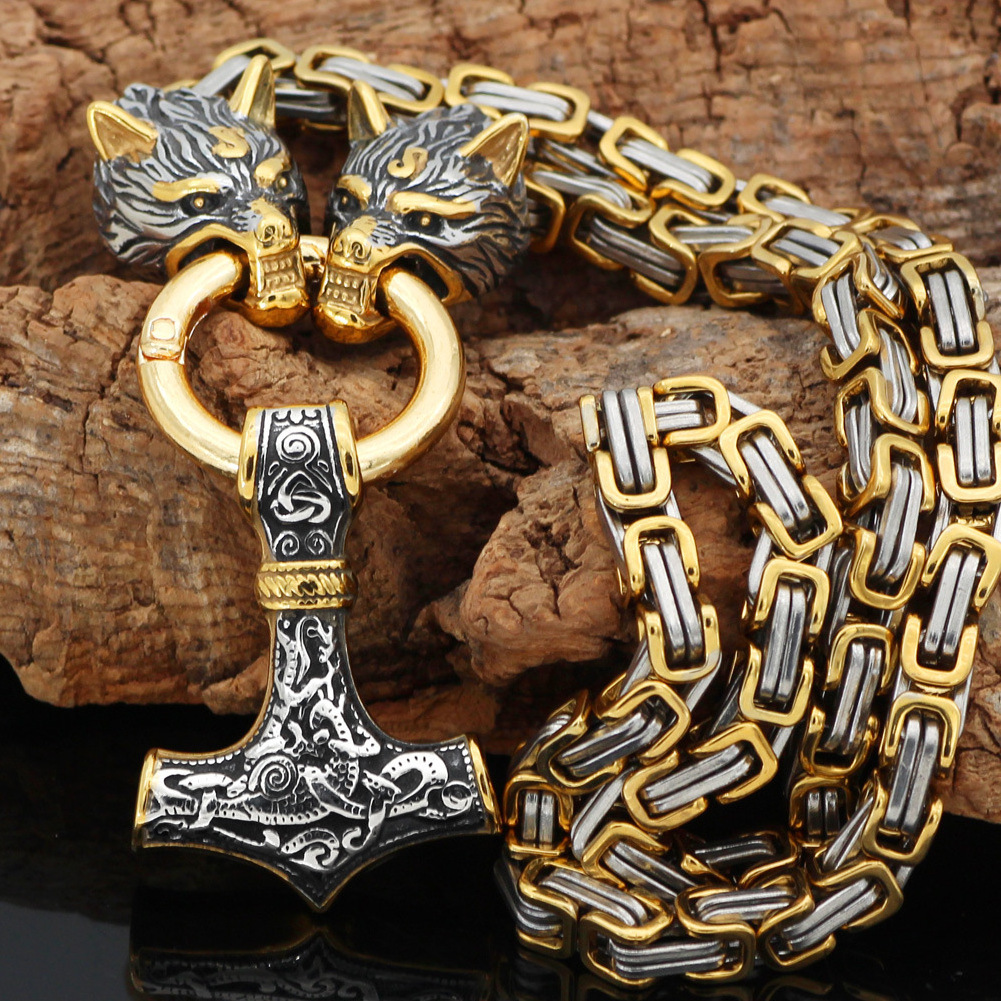 Stainless Steel Square Chain Pendant for Men's Titanium Steel Trendy Viking Jewelry Hammer Jewelry Necklace