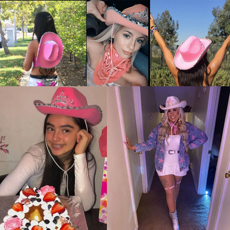 Hot selling custom new fashion bling rhinestone crown western cowboy hat pink cowgirl hat