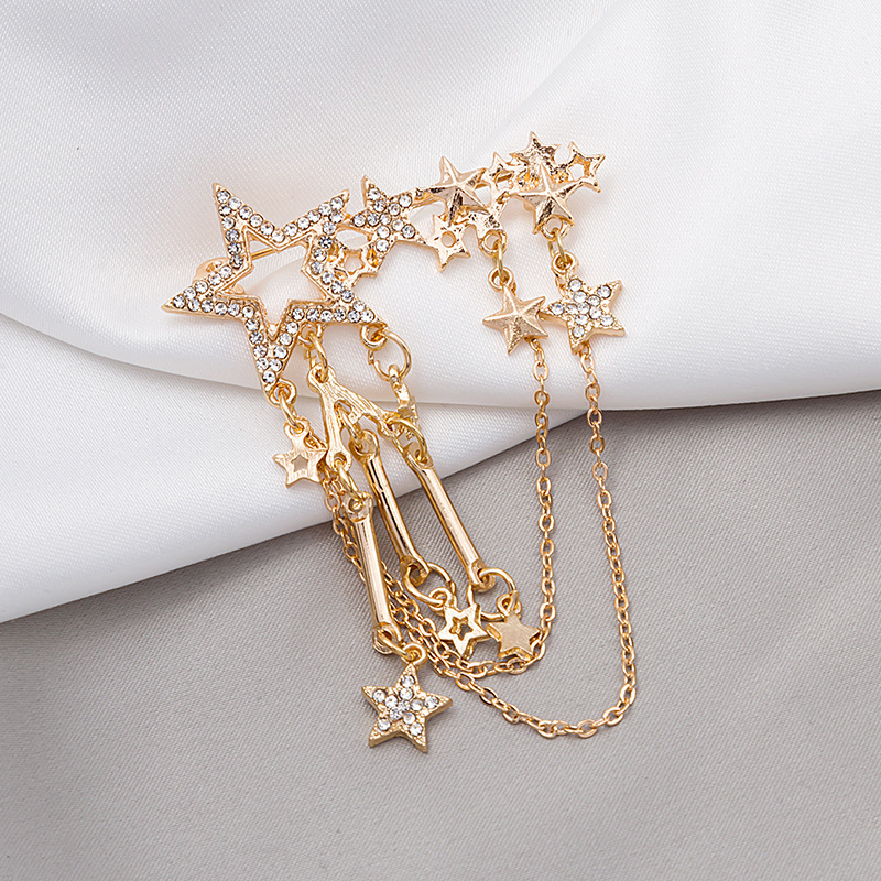 Fashion Jewelry Brooches Pin Multilayer Chain Tassel Safety Pin Brooch For Women Girls Rhinestone Star Lapel Pins