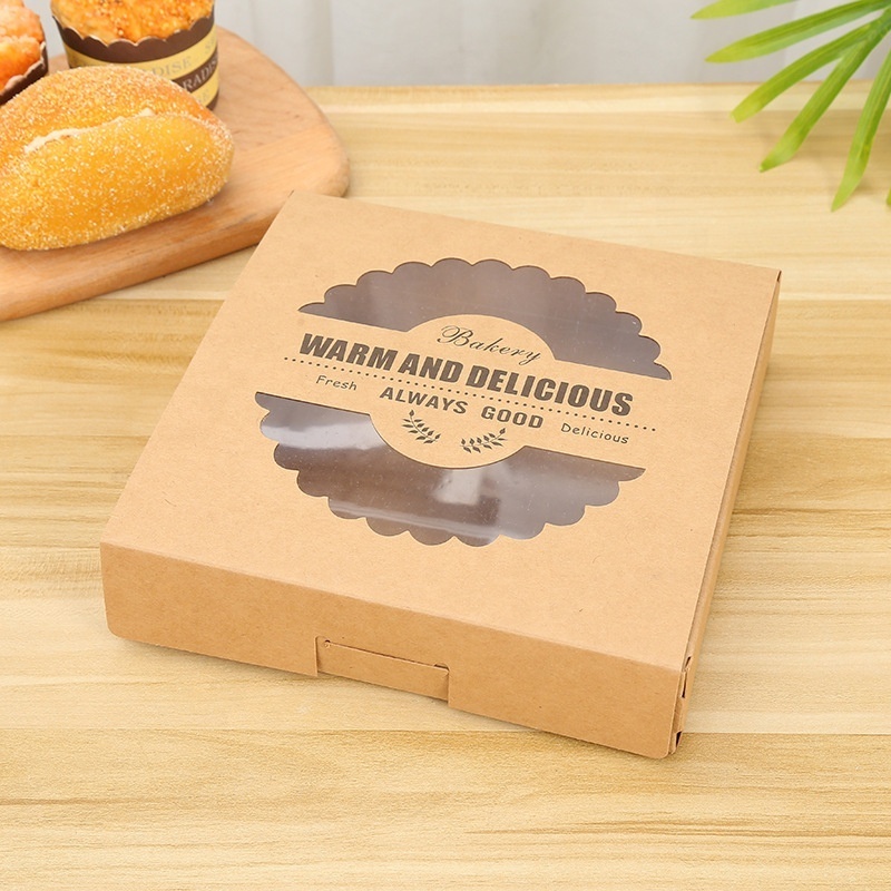 Wholesale Luxury Coated Oil-proof Pizza Box Kraft Paper Bakery Box with Lid Window Cookie Box