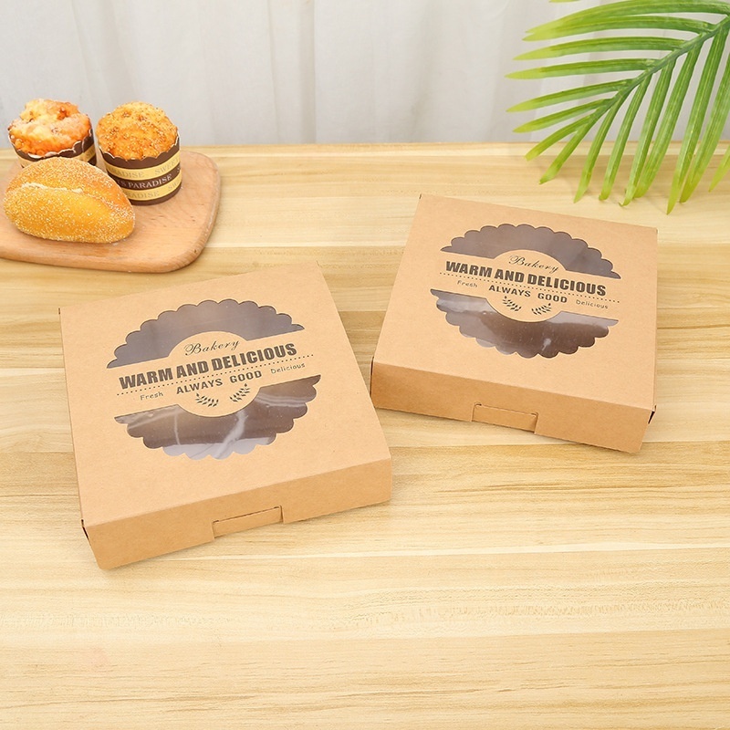 Wholesale Luxury Coated Oil-proof Pizza Box Kraft Paper Bakery Box with Lid Window Cookie Box