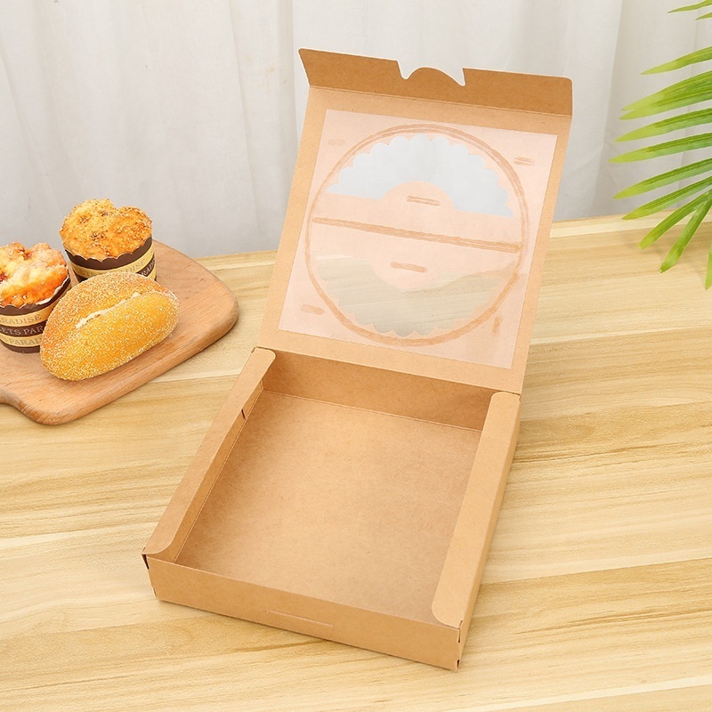 Wholesale Luxury Coated Oil-proof Pizza Box Kraft Paper Bakery Box with Lid Window Cookie Box