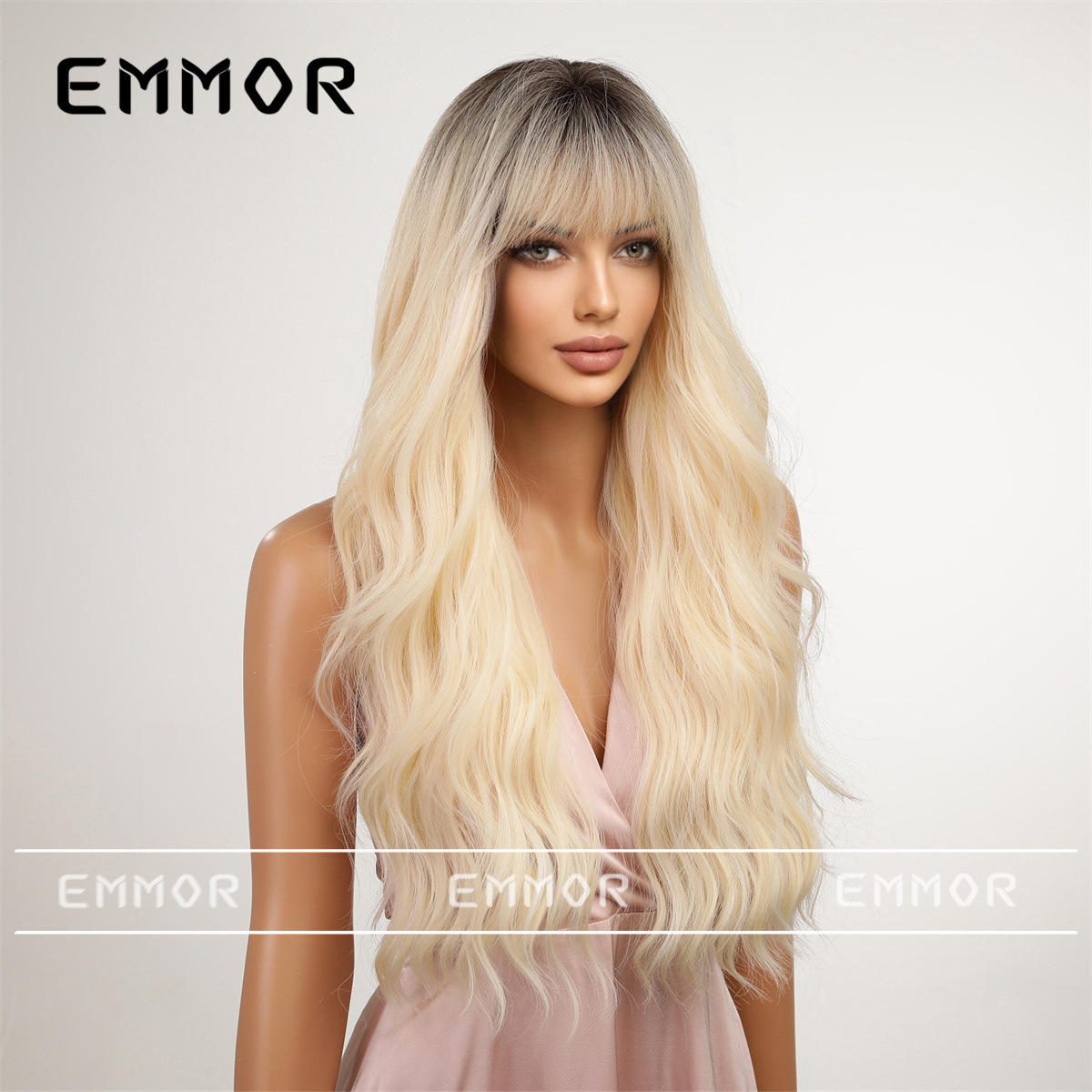 Japanese fiber Long Curly Synthetic Wig Platinum White Wave Wig with Dark Roots for Women Heat Resistant