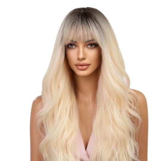 Japanese fiber Long Curly Synthetic Wig Platinum White Wave Wig with Dark Roots for Women Heat Resistant