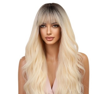 Japanese fiber Long Curly Synthetic Wig Platinum White Wave Wig with Dark Roots for Women Heat Resistant