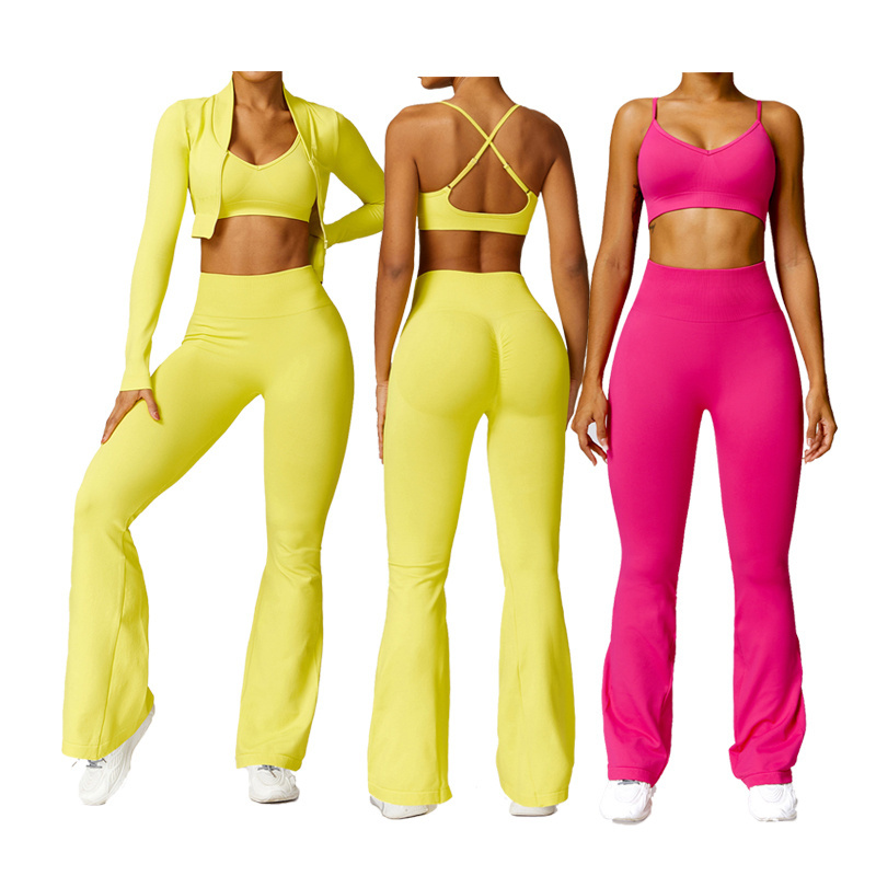 Yoke Wholesale Seamless Sportswear 3Pcs Yoga Suit Set High Waist Scrunch Yoga Wear Womens Gym Jacket Long Sleeve Activewear Set