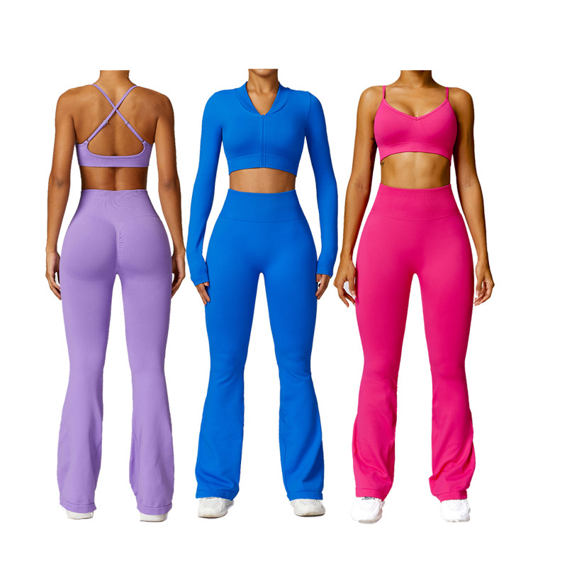 Yoke Wholesale Seamless Sportswear 3Pcs Yoga Suit Set High Waist Scrunch Yoga Wear Womens Gym Jacket Long Sleeve Activewear Set