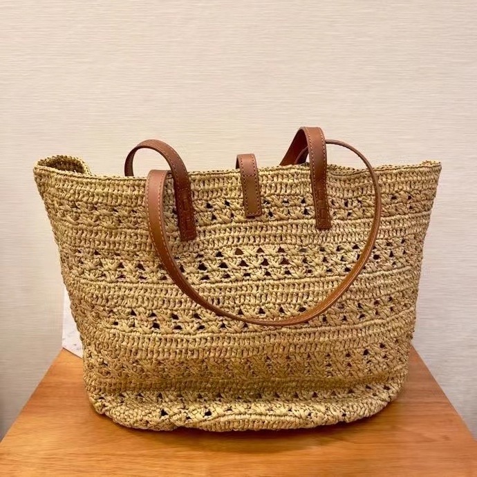 Wholesale Ladies Large Beach Straw Tote Bags Handbags Women Large Straw Summer Shoulder Tote Bag With Pu Strap