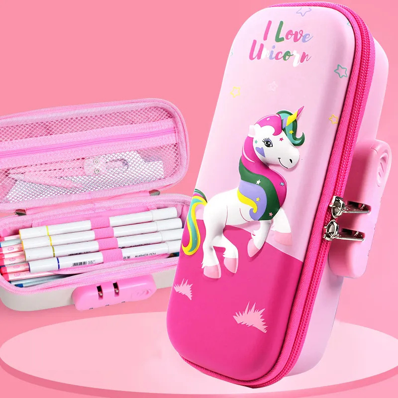 Cute Girls Pencil Case Unicorn EVA With Password Lock 3D Children School Supplies Pencil Case