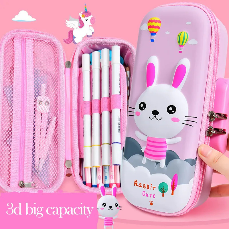 Cute Girls Pencil Case Unicorn EVA With Password Lock 3D Children School Supplies Pencil Case