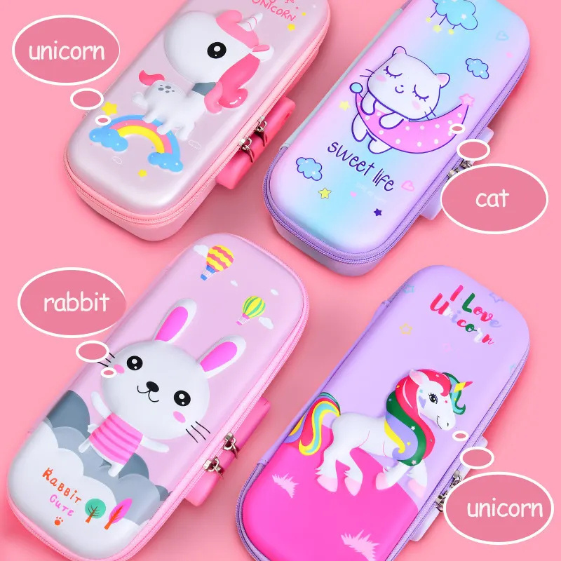 Cute Girls Pencil Case Unicorn EVA With Password Lock 3D Children School Supplies Pencil Case