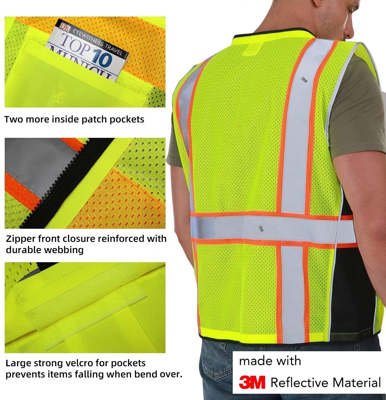 Safety Vest Reflective Yellow Mesh, High Visibility Vest with Pockets and Zipper, ANSI Class 2 Heavy Duty, 3 M Reflective