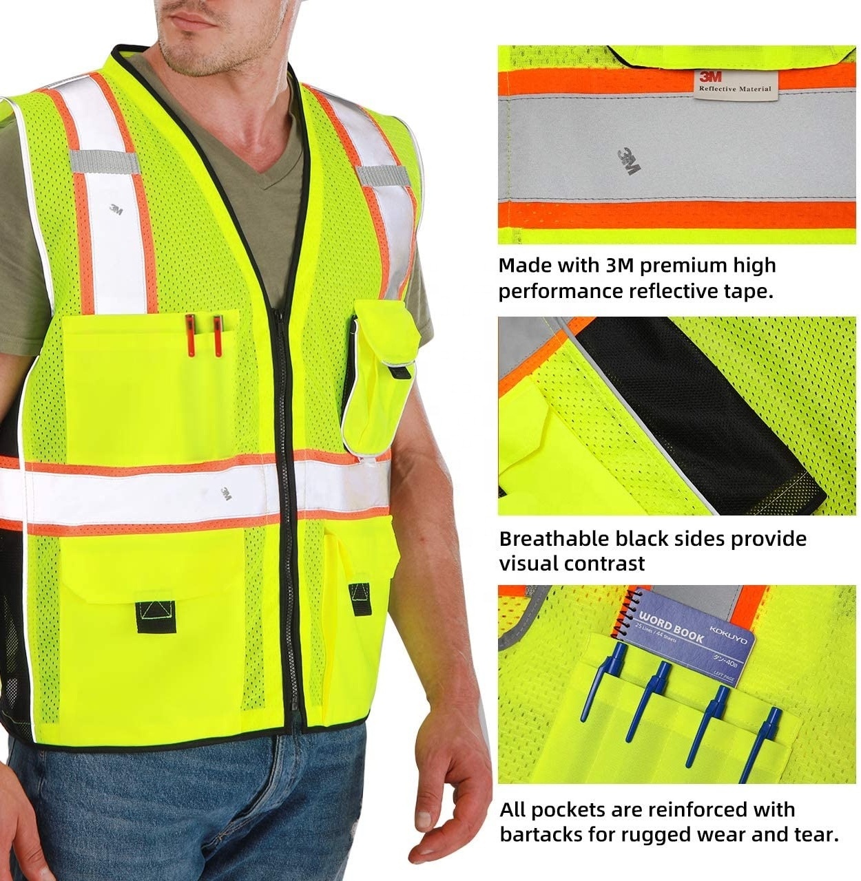 Safety Vest Reflective Yellow Mesh, High Visibility Vest with Pockets and Zipper, ANSI Class 2 Heavy Duty, 3 M Reflective