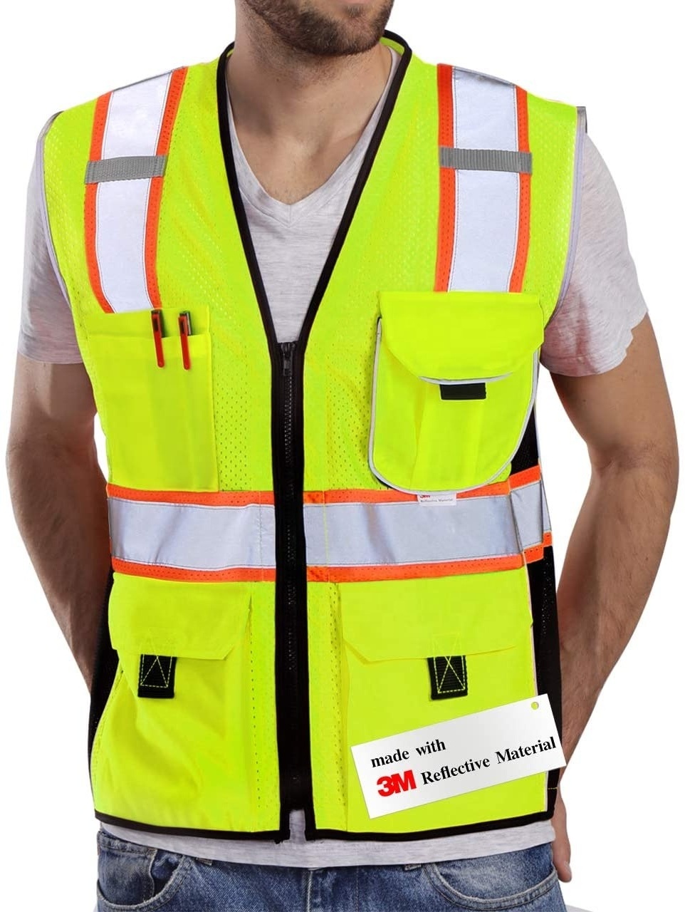 Safety Vest Reflective Yellow Mesh, High Visibility Vest with Pockets and Zipper, ANSI Class 2 Heavy Duty, 3 M Reflective