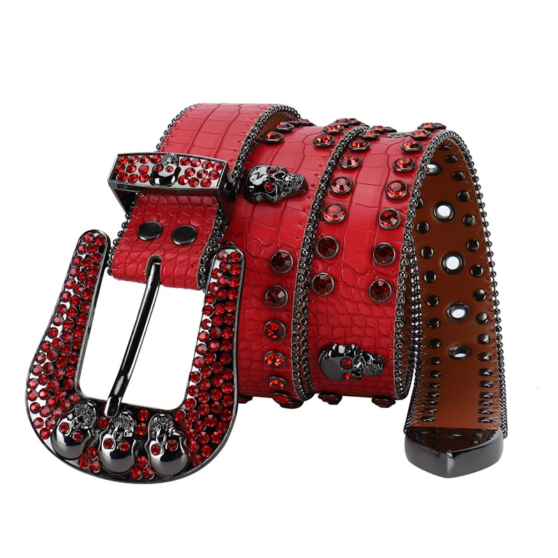 Fashion PU Leather Gradient Bling Bling Studded Cowboy Belts Stones Rhinestones Skull Belt Men BB Simon