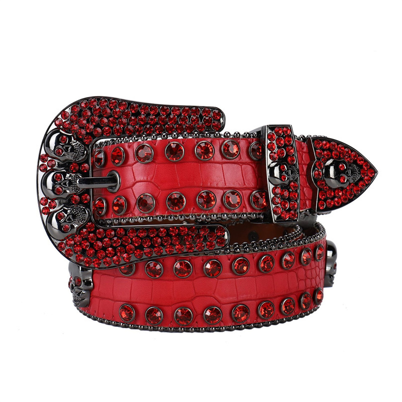 Fashion PU Leather Gradient Bling Bling Studded Cowboy Belts Stones Rhinestones Skull Belt Men BB Simon