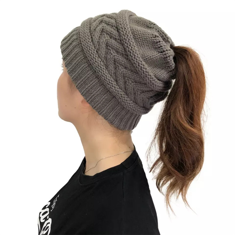 Winter beanies 100% acrylic Knitted women ponytail beanie hat