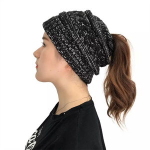 Winter beanies 100% acrylic Knitted women ponytail beanie hat