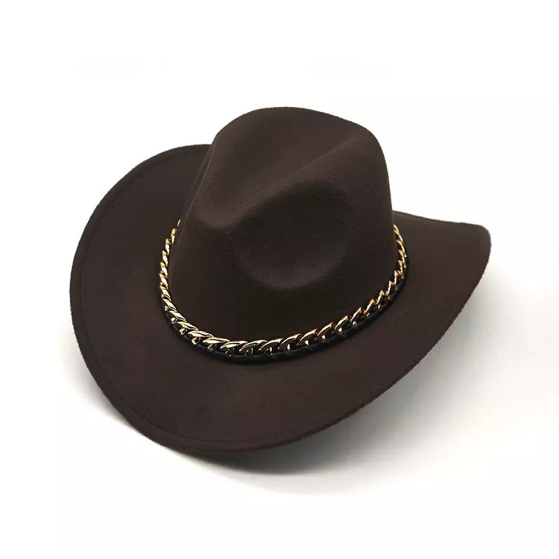 2021 new arrival gold chain western cowboy hat Mexico Gentleman Bend brim felt fedora hat