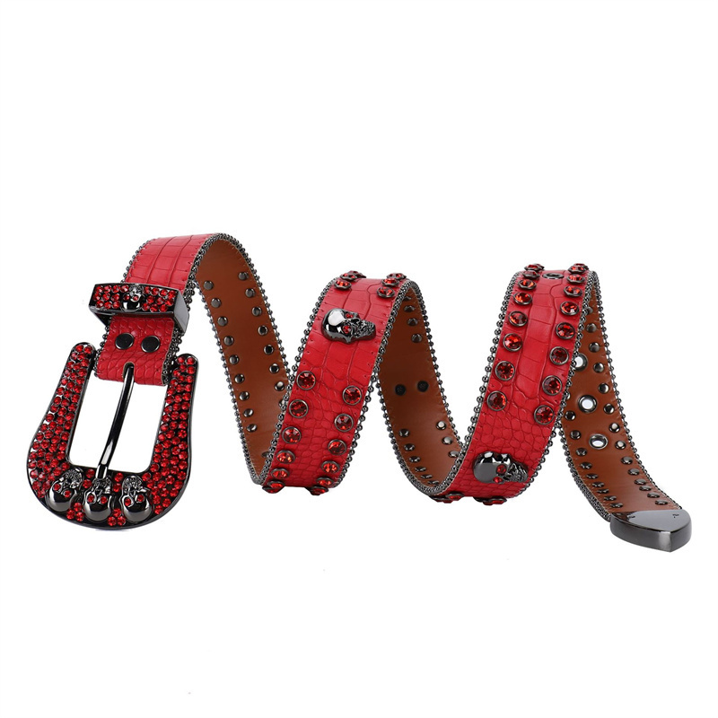 Fashion PU Leather Gradient Bling Bling Studded Cowboy Belts Stones Rhinestones Skull Belt Men BB Simon