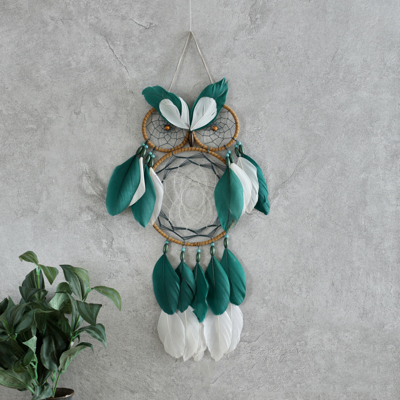 Children's room Wall decoration Handwoven Owl hanging ornament handmade blue feather dreamcatcher for  home decor