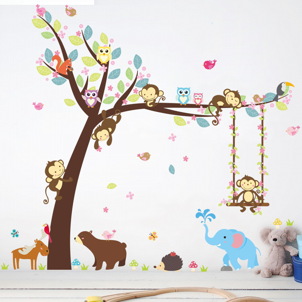 Monkey Bear Horse Tree Forest Animals Cartoon Wall sticker for kids room Children Decor PVC wall stickers