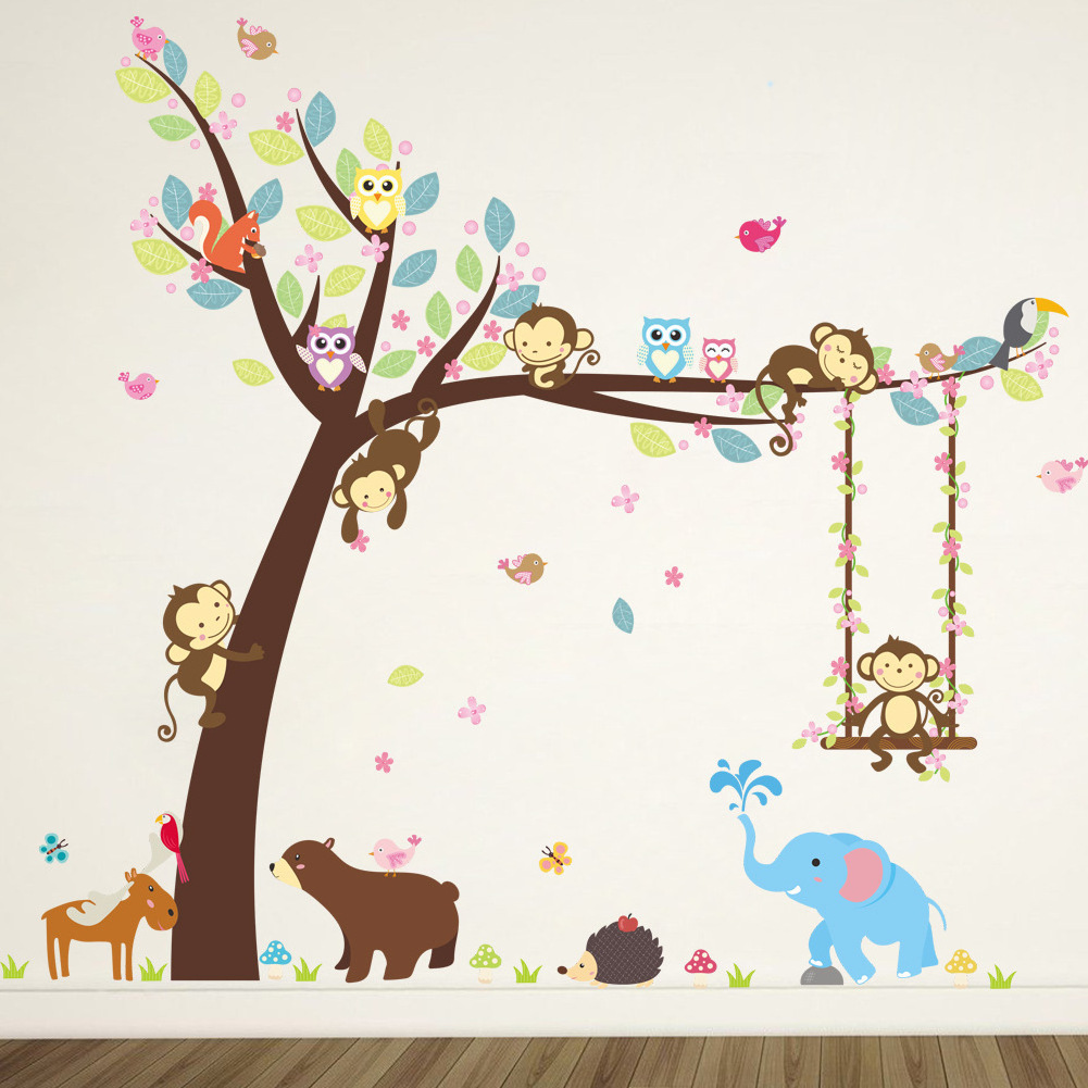 Monkey Bear Horse Tree Forest Animals Cartoon Wall sticker for kids room Children Decor PVC wall stickers