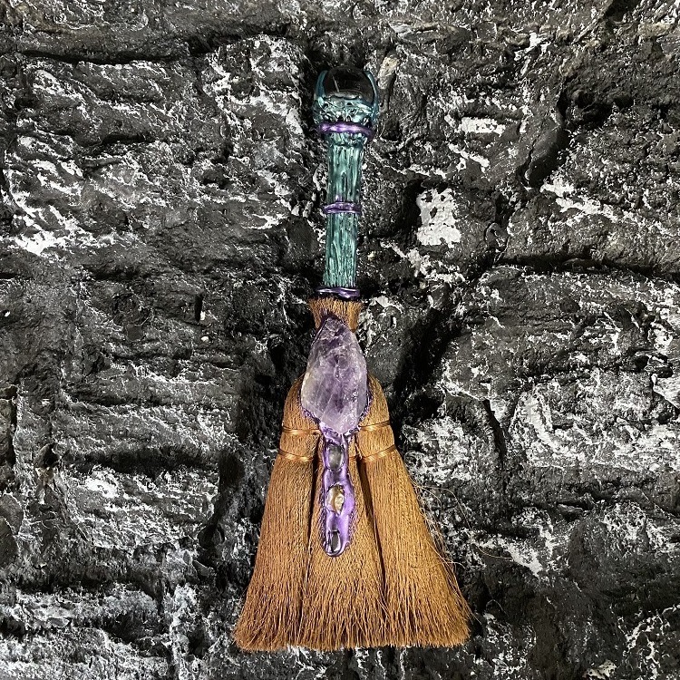 Handmade feather Witch Mini Broom Robin purple Crystal Tiny Miniature Altar prop Broom for decoration