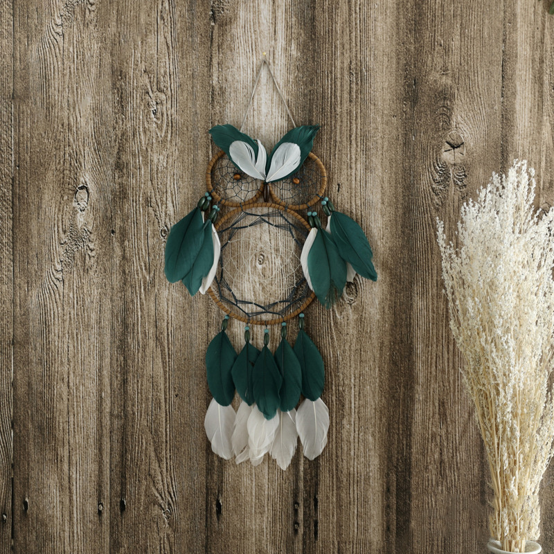 Children's room Wall decoration Handwoven Owl hanging ornament handmade blue feather dreamcatcher for  home decor