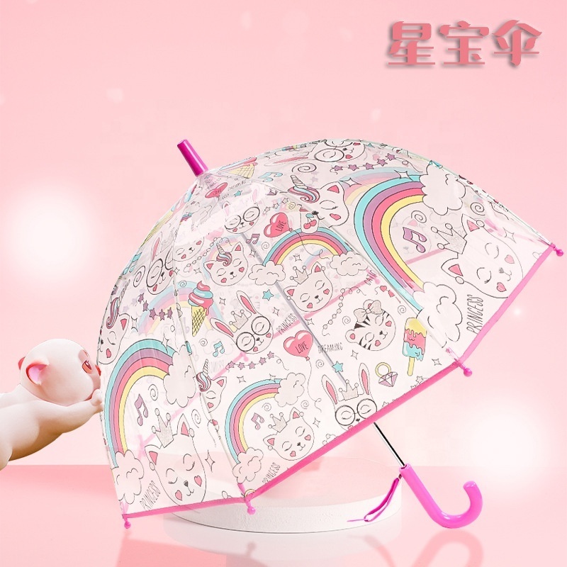 Wholesale Cheap Plastic Transparent Boys Girls Children Clear Straight Umbrellas Cats Cartoon Students Cute Kids Umbrella