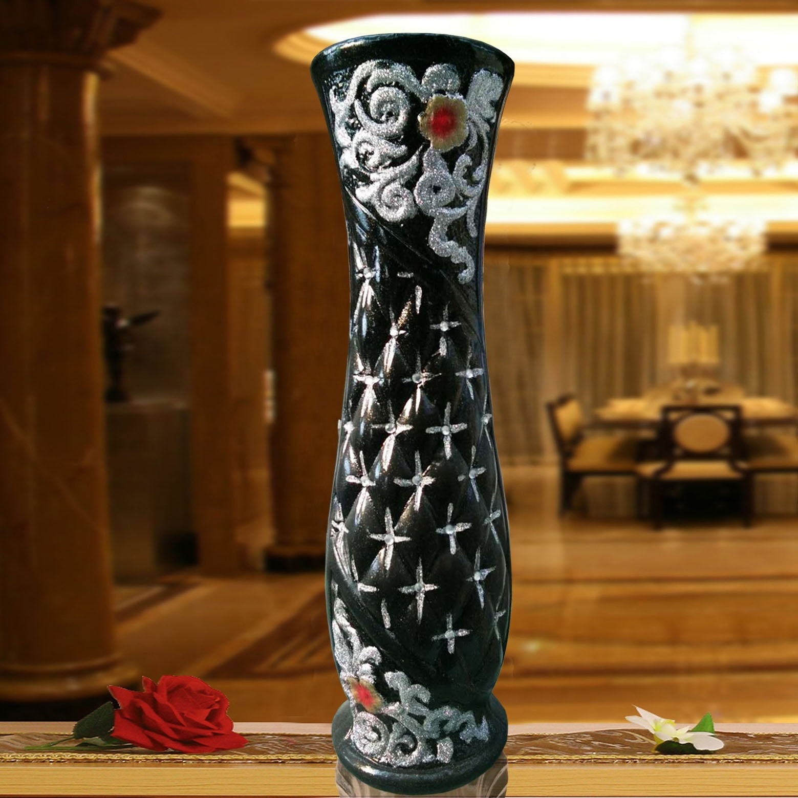 60cm Home Decoration Black Mosaic Resin Round Ceramic Flower Floor Vase 60x15cm