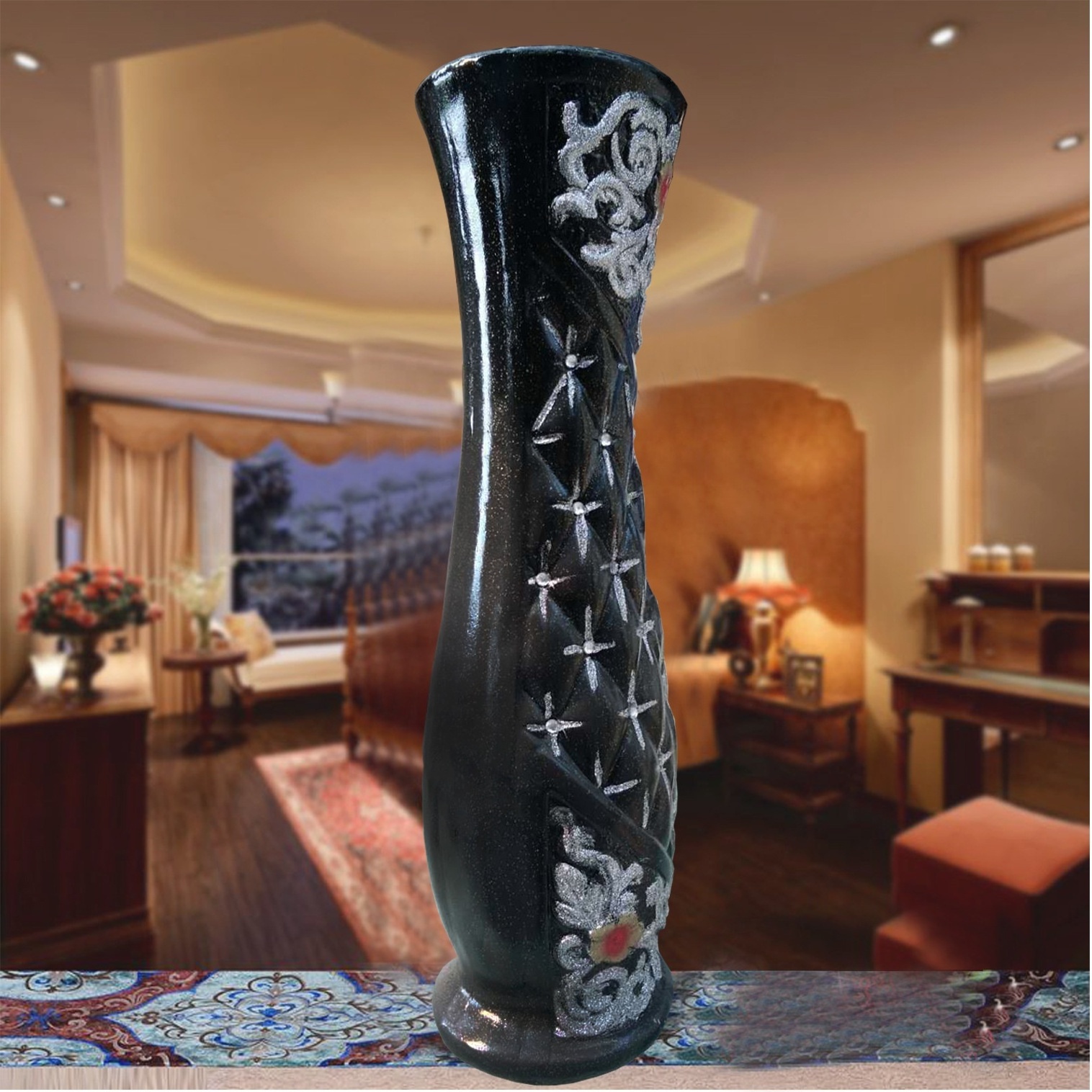 60cm Home Decoration Black Mosaic Resin Round Ceramic Flower Floor Vase 60x15cm