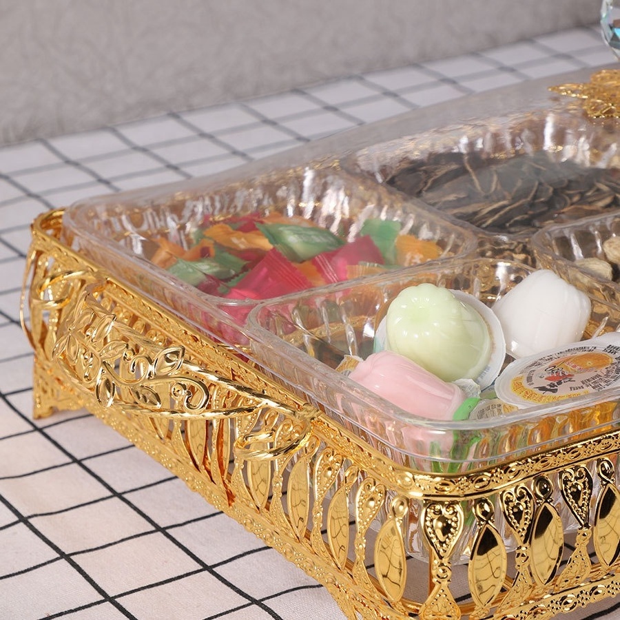 Home Decorative luxury trays Silver Golden Plated Metal and Acrylic Serving Candy  box and Fruit Deco Storage 6 Bays