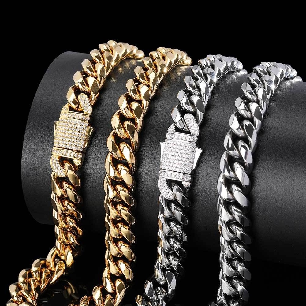 10mm 12mm Stainless Steel Men's Bracelet Chunky Necklace Men Chain 18K Gold Plated Luxury Miami Cuban Link Chain for Men