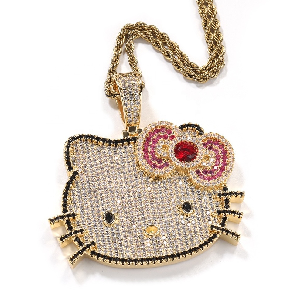 New Design Women Girl Cute Hello Kitty Cat Necklace Pendant Full Diamond Cartoon Necklaces with Gold Plated