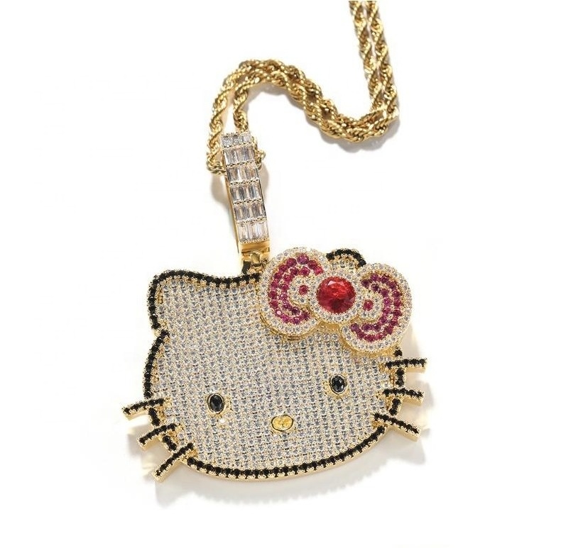 New Design Women Girl Cute Hello Kitty Cat Necklace Pendant Full Diamond Cartoon Necklaces with Gold Plated