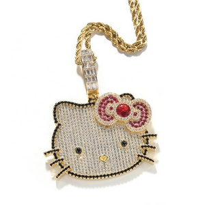 New Design Women Girl Cute Hello Kitty Cat Necklace Pendant Full Diamond Cartoon Necklaces with Gold Plated