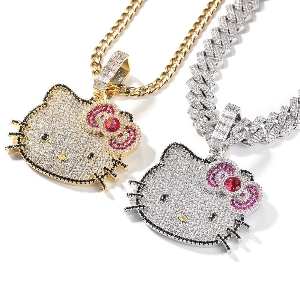 New Design Women Girl Cute Hello Kitty Cat Necklace Pendant Full Diamond Cartoon Necklaces with Gold Plated