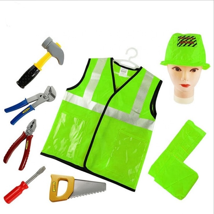 Construction Worker Costumes Kits for Kids Boys Builder Career Outfit Tool Belt Vest Hat Pretend Role Play Toy Set