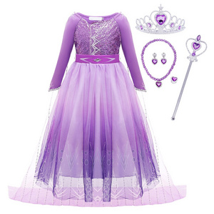 Elsa Costume Girls Purple Princess Dress Snow Queen Outfits With Tiara Wand Necklace For Halloween Christmas Cosplay Party 3-10y