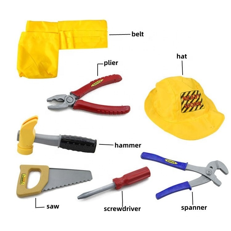 Construction Worker Costumes Kits for Kids Boys Builder Career Outfit Tool Belt Vest Hat Pretend Role Play Toy Set