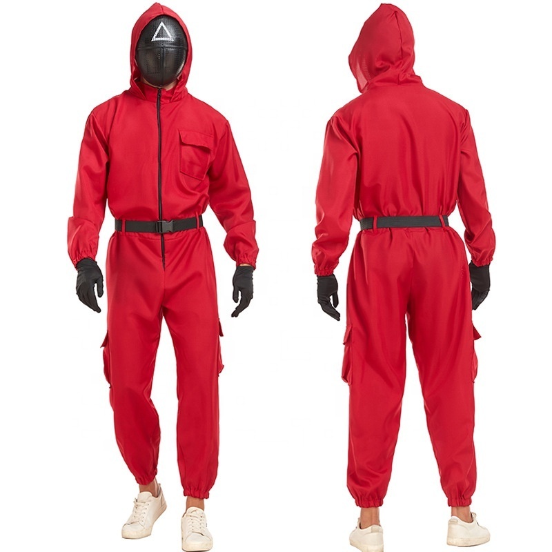 Adult Men Women Teen Kids Unisex Korean Red Soldier Game Jumpsuits Mask Set For Halloween Party Coverall Full Set