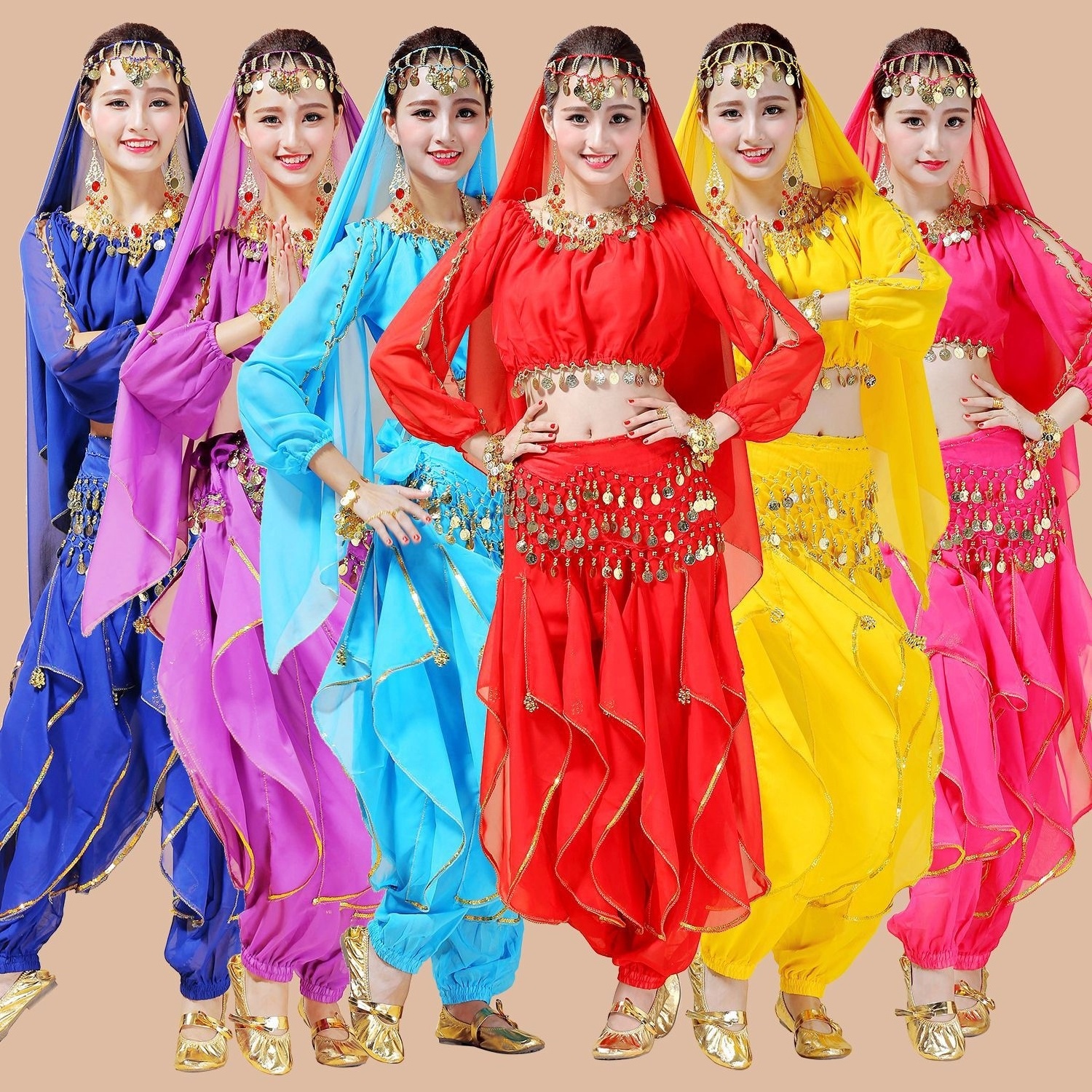 Women's Halloween Costume Tops Skirt Set with Accessories Belly Dance Performance Outfit 6 Colors