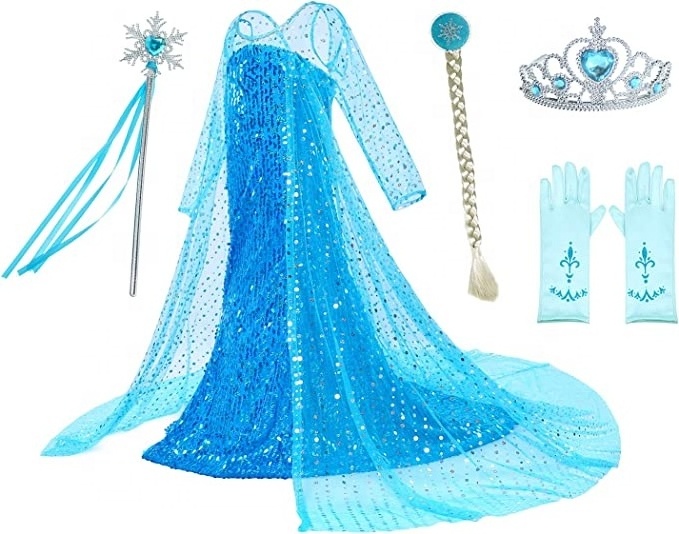 Girls Snow Blue Princess Dress Costume Luxury Sequin Birthday Party Dress Up Girls 2-10 Years