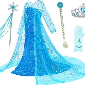 Girls Snow Blue Princess Dress Costume Luxury Sequin Birthday Party Dress Up Girls 2-10 Years