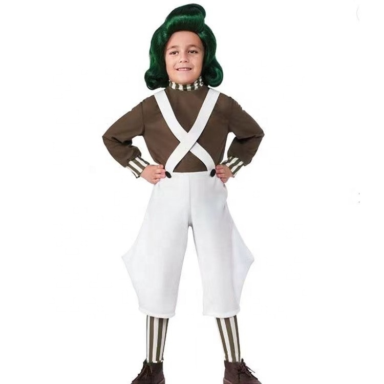 Kids Boys Candy Charlie and The Chocolate Factory Worker Halloween Cosplay Costume Shirt Jumpsuit Outfit Set with Gloves Legging