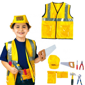 Construction Worker Costumes Kits for Kids Boys Builder Career Outfit Tool Belt Vest Hat Pretend Role Play Toy Set